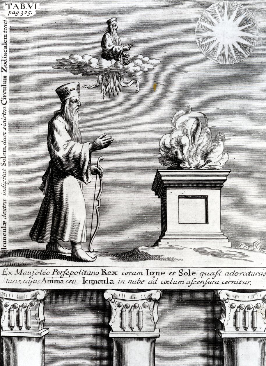 Ilustración de Zoroastro adorando el fuego y el sol, 1697 de English School