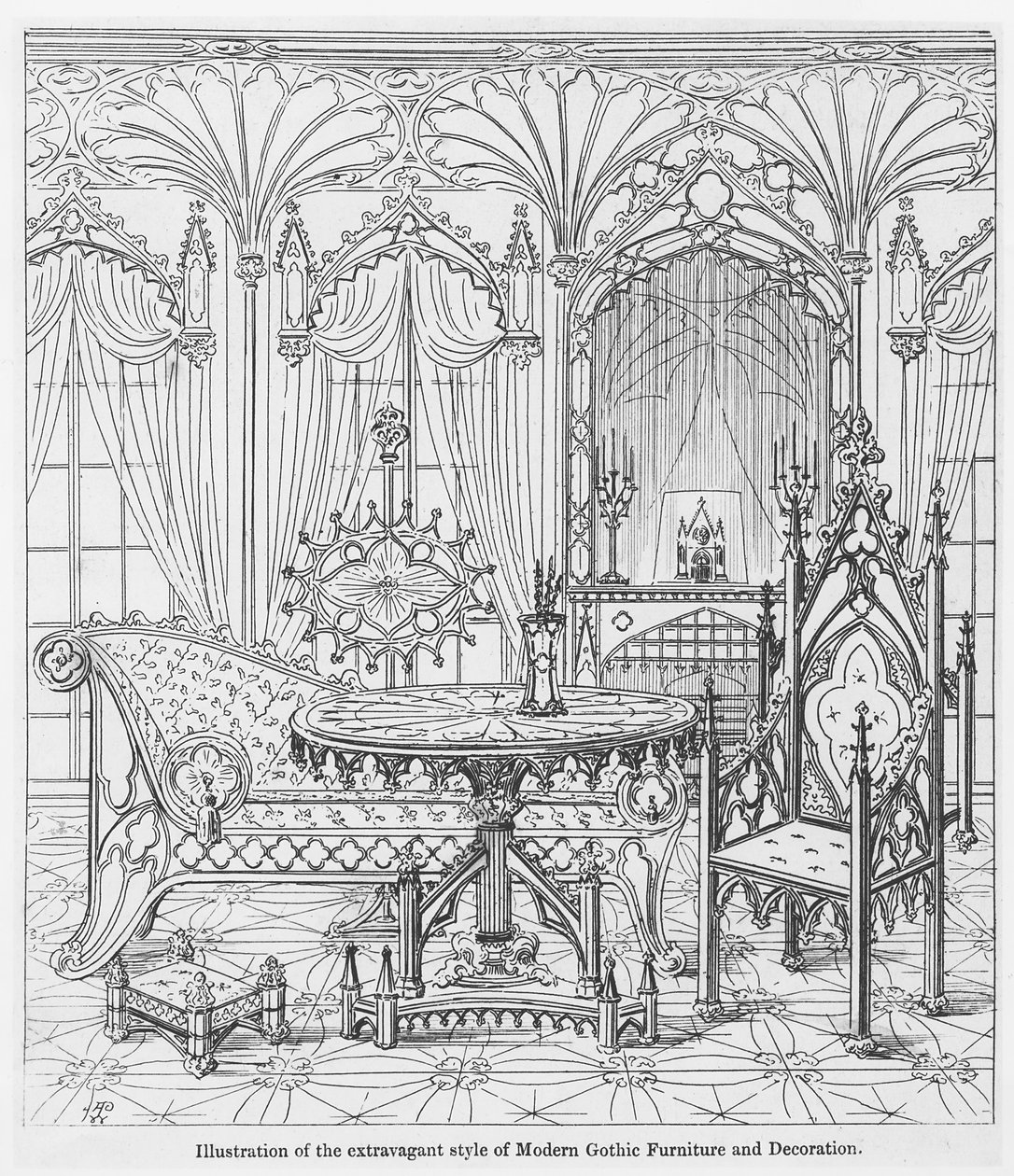 Ilustración del estilo extravagante de Muebles y Decoración Gótica Moderna, de Principios Verdaderos de la Arquitectura Puntiaguda o Cristiana, por Augustus Welby Pugin de English School
