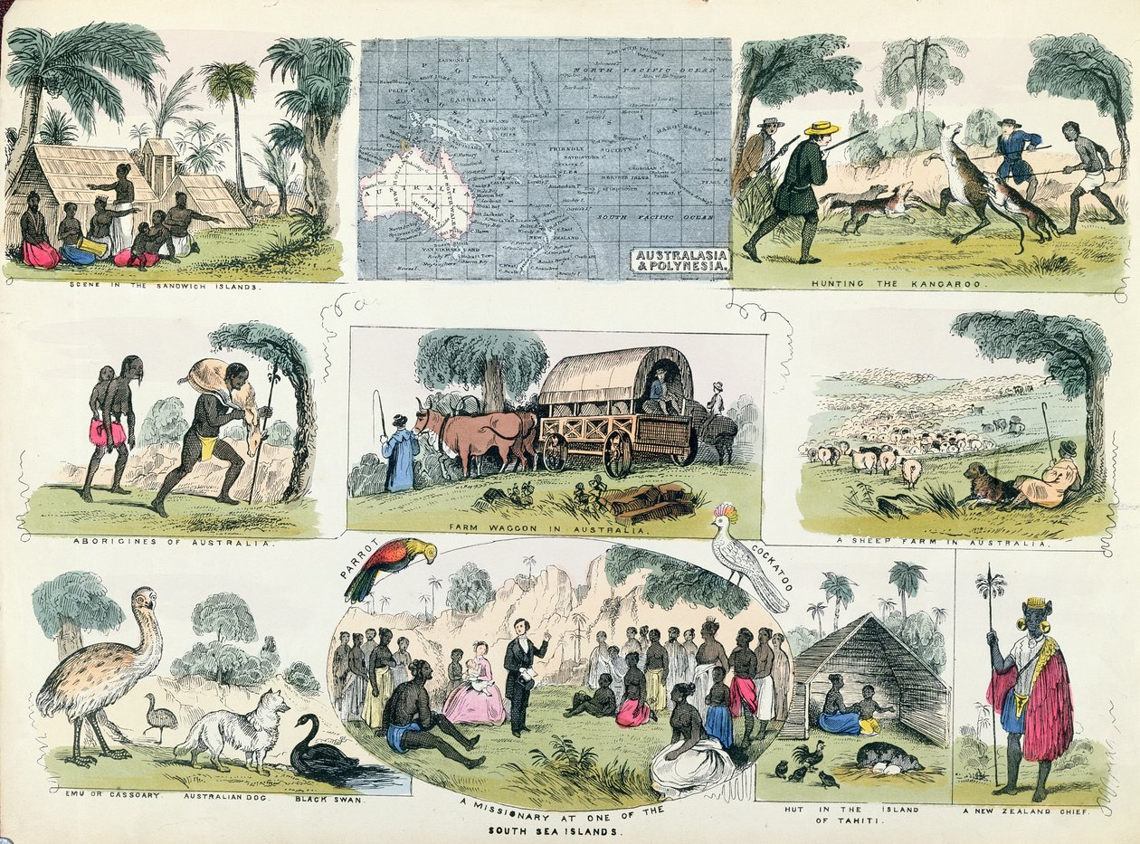 Ilustraciones de Australia y Polinesia, de un libro de geografía de English School