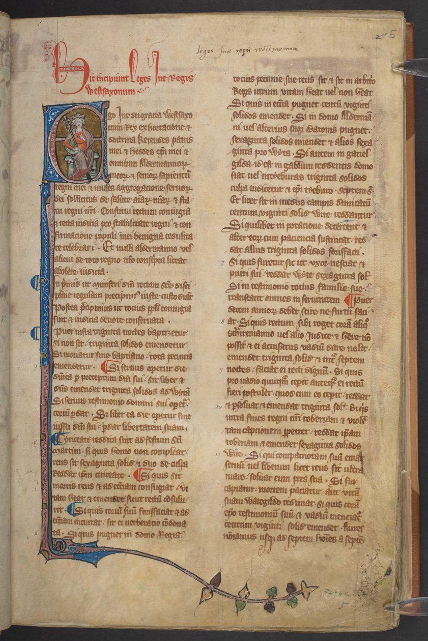 Imagen del Rey Ine de los Estatutos de Inglaterra, Manuscrito Cotton Claudius D II, f.5r de English School