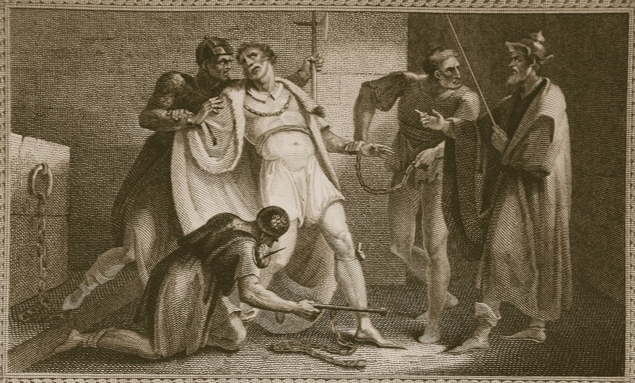 Encarcelamiento de Esteban, ilustración de La Historia de Inglaterra de David Hume, pub. por R. Bowyer, Londres, 1812 de English School