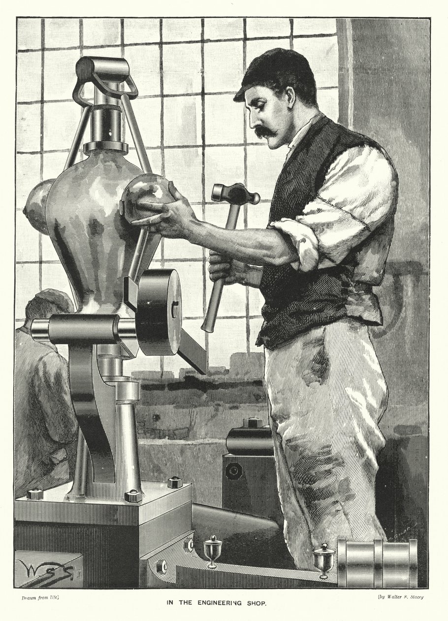 En el taller de ingeniería (grabado) de English School