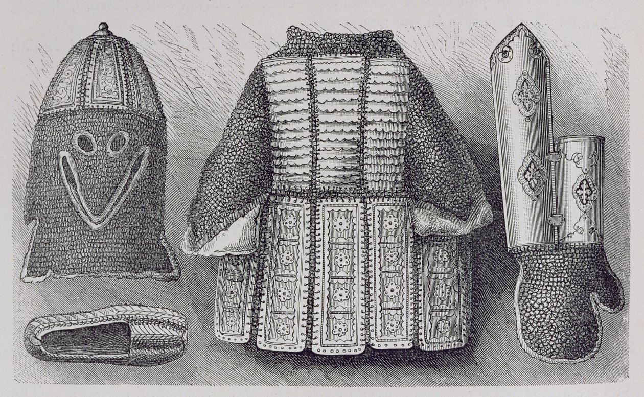 Panoplia india que consiste en casco, túnica, guanteletes y zapatos de Bhuj, de La Historia de la Humanidad, Vol.III, por Prof. Friedrich Ratzel de English School