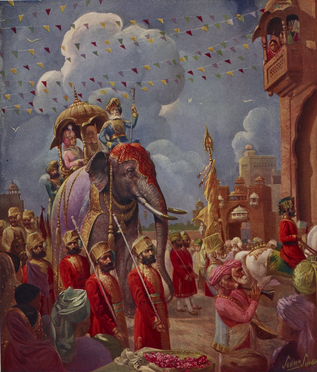 Procesión india con elefante, pintura de Sobha Singh, del suplemento indio del Illustrated London News. de English School