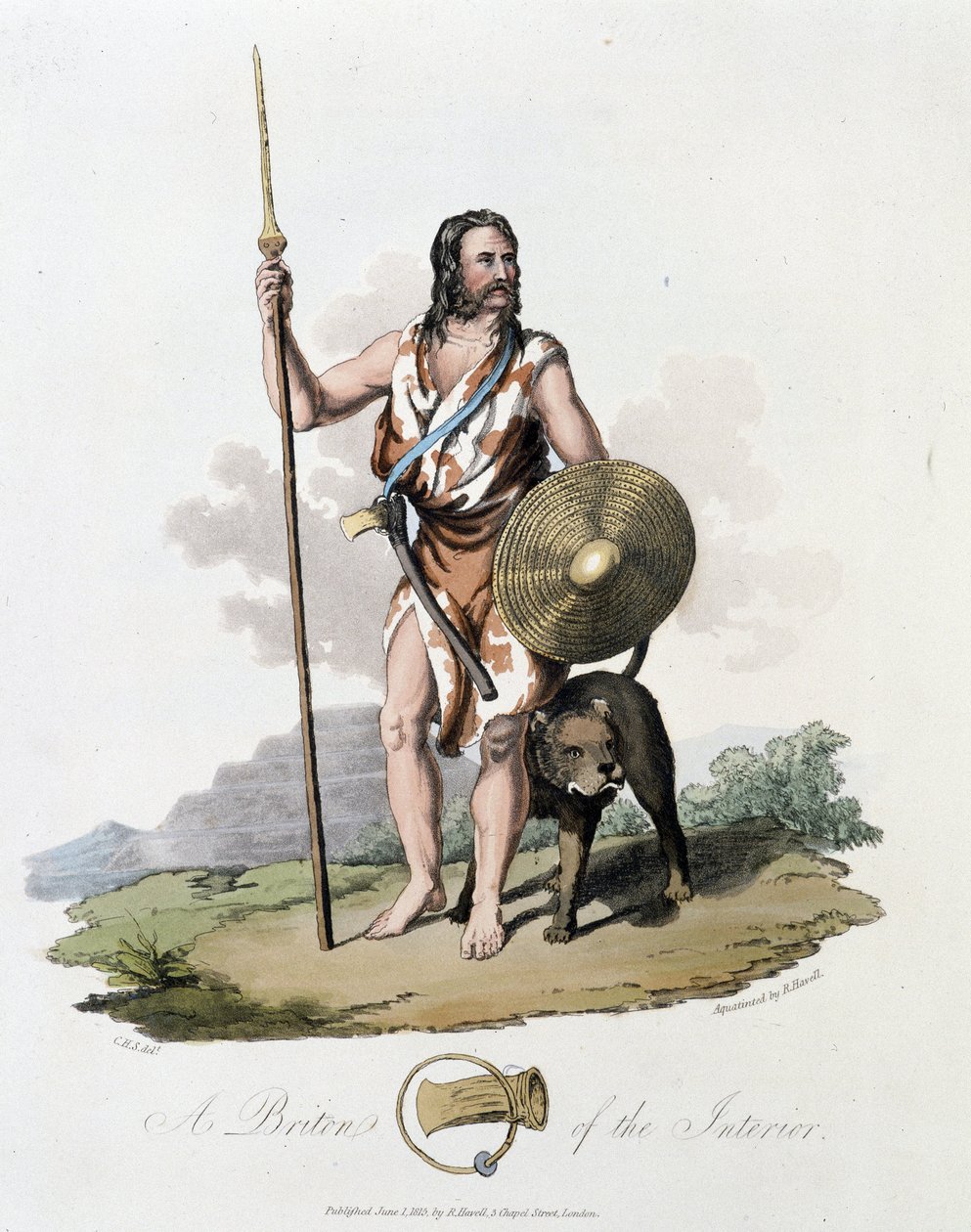 Habitante de las Islas Británicas y su perro - en "Celtas y Godos, costumbres de los habitantes de las Islas Británicas del siglo VI temprano y de las naciones godas de la costa oeste del Báltico", por S.R. Meyrick y Ch. Smith de English School
