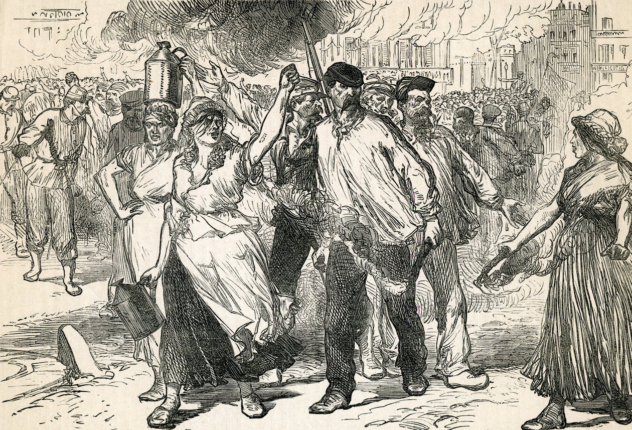 Insurgentes devastando las calles de París, tomado de Cassells Illustrated History, 1872 de English School