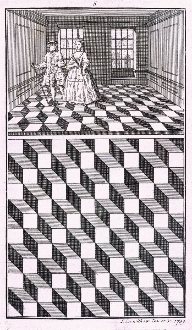 Interior, Ilustración de Diversos Tipos de Decoración de Suelos, por John Carwitham, 1739, grabado en blanco y negro de English School