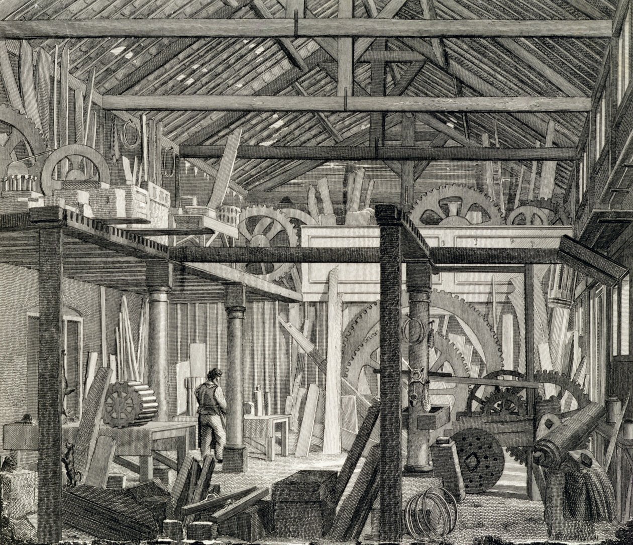 Vista interior de la Casa de Reuniones de John Bunyan en Zoar Street, Gravel Lane, Southwark, utilizada como taller y aserradero, c.1822 de English School