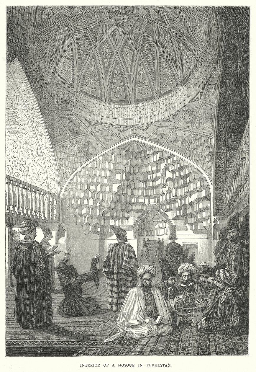 Interior de una mezquita en Turquestán (grabado) de English School