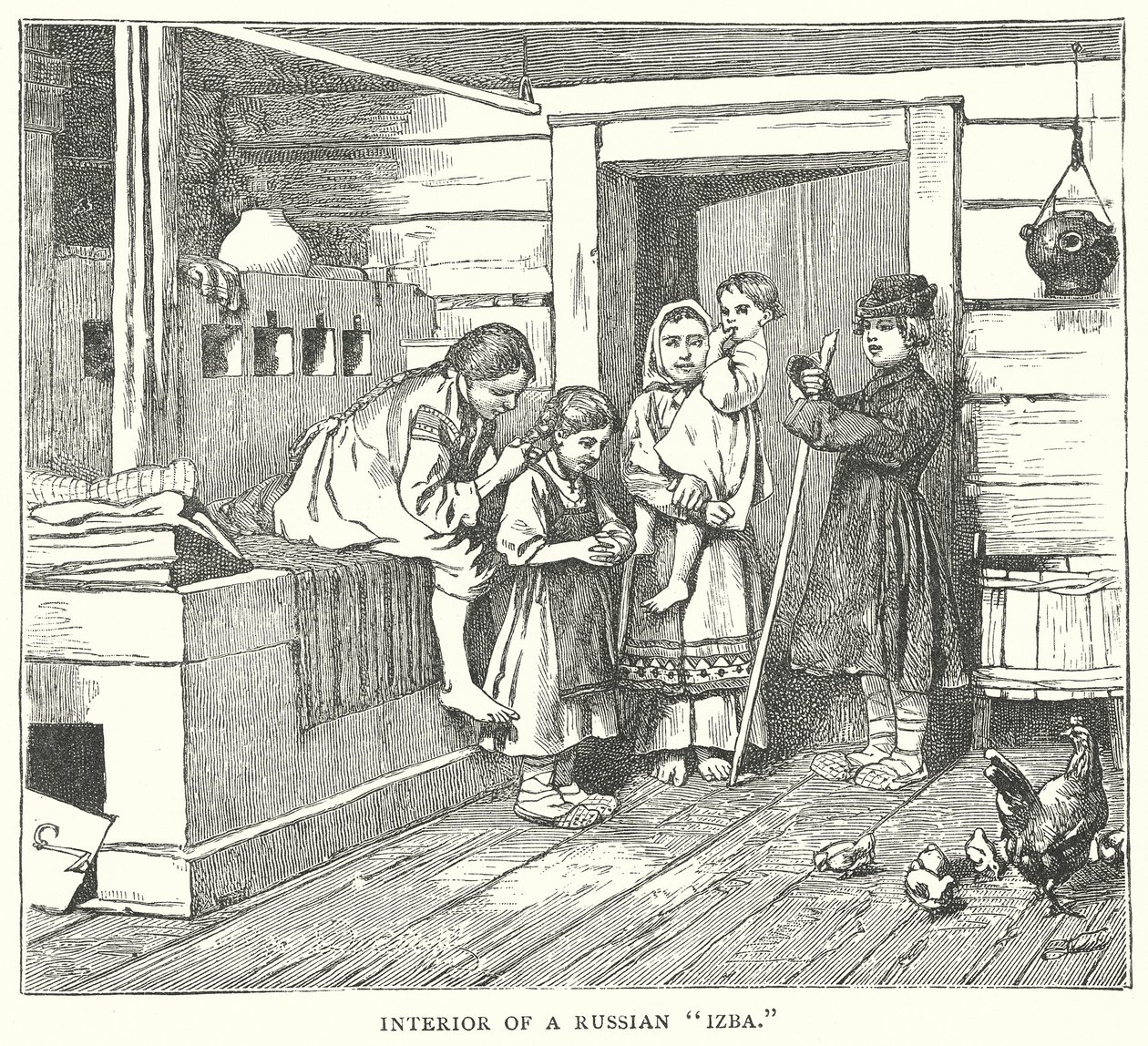 Interior de una "Izba" rusa (grabado) de English School