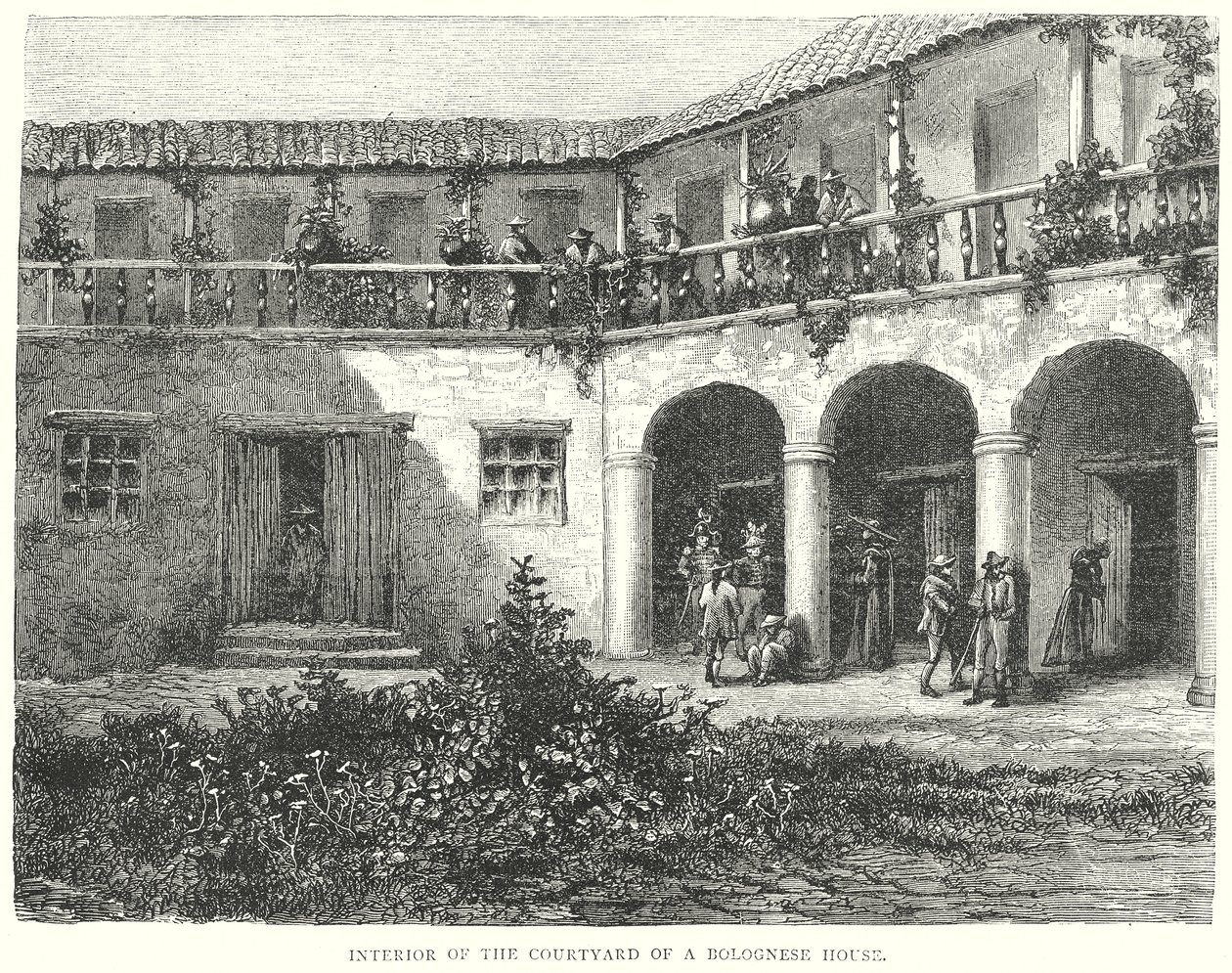 Interior del patio de una casa boloñesa (grabado) de English School