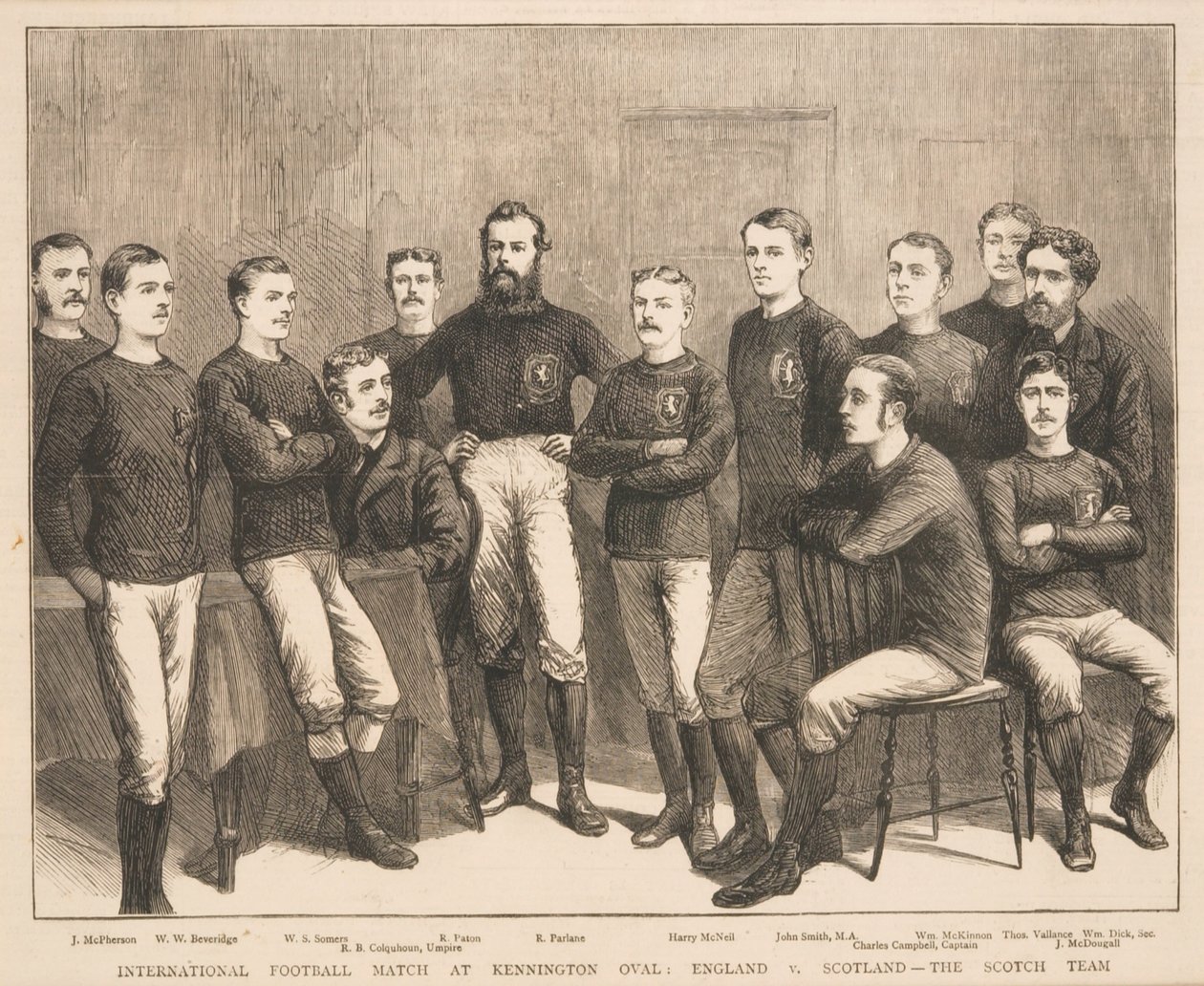 Partido internacional de fútbol en Kennington Oval: Inglaterra vs. Escocia - El equipo escocés, de The Graphic, 1879 de English School