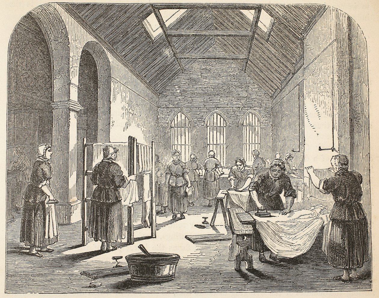 Sala de planchado en la prisión de Brixton, ilustración de Las prisiones criminales de Londres y escenas de la vida en prisión de Henry Mayhew y John Binny, pub. 1862 de English School