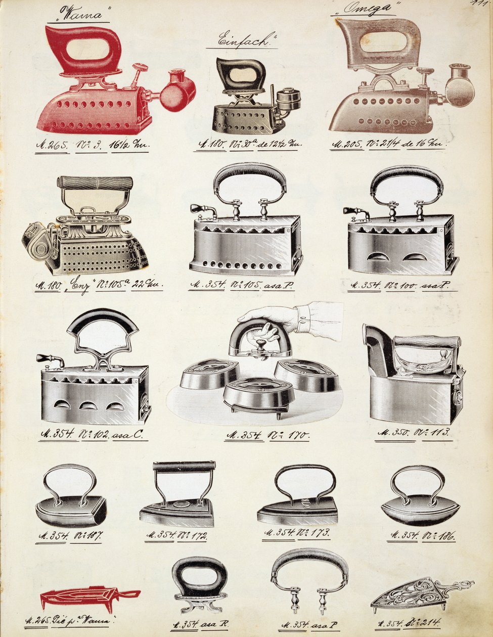 Planchas, de un catálogo comercial de bienes y accesorios domésticos, c.1890-1910 de English School
