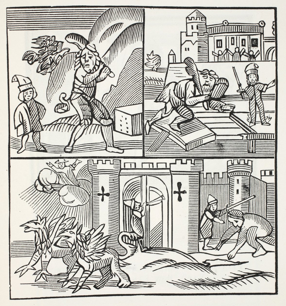 Jack y los gigantes, ilustración de Chap-books del Siglo XVIII de John Ashton, pub. 1882 de English School