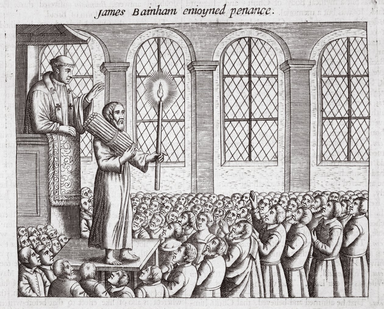 James Bainham haciendo penitencia, ilustración de Hechos y Monumentos de John Foxe, novena edición, pub. 1684 de English School