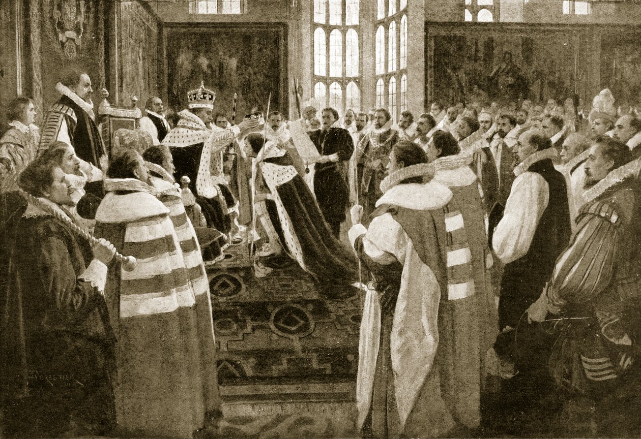 Jacobo I inviste a su hijo Carlos como Príncipe de Gales, 1616, ilustración de la Historia de la Nación Británica de Hutchinson, c.1923 de English School