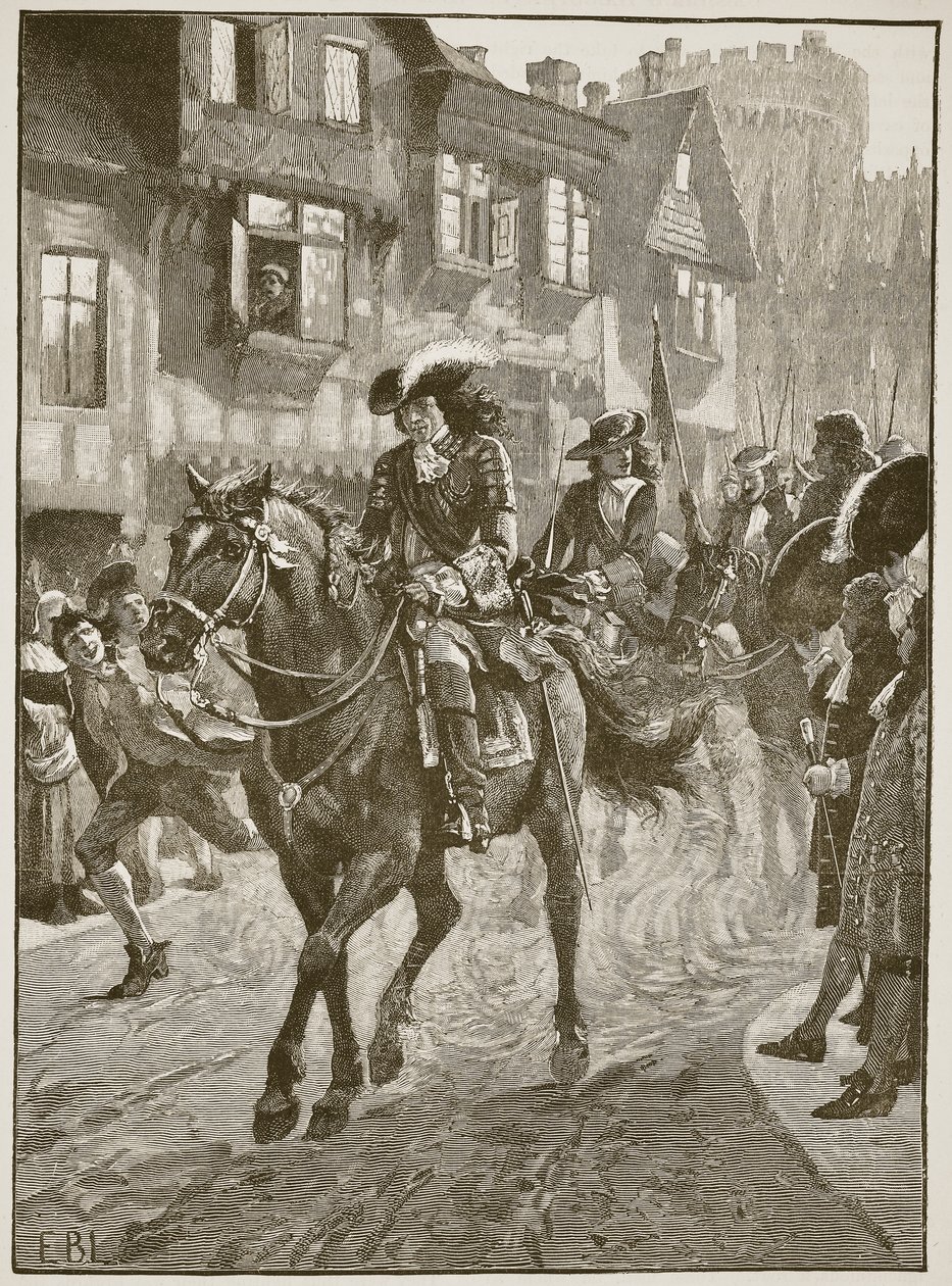 James entrando en Dublín después de la Batalla del Boyne, ilustración de Cassells Illustrated History of England de English School