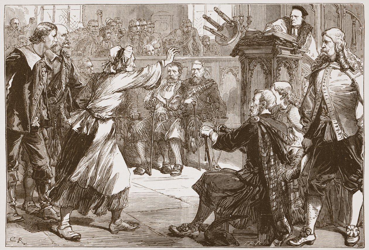 Janet Geddes lanzando su taburete al Decano de Edimburgo, ilustración de La Historia del Protestantismo de James Aitken Wylie, pub. 1878 de English School