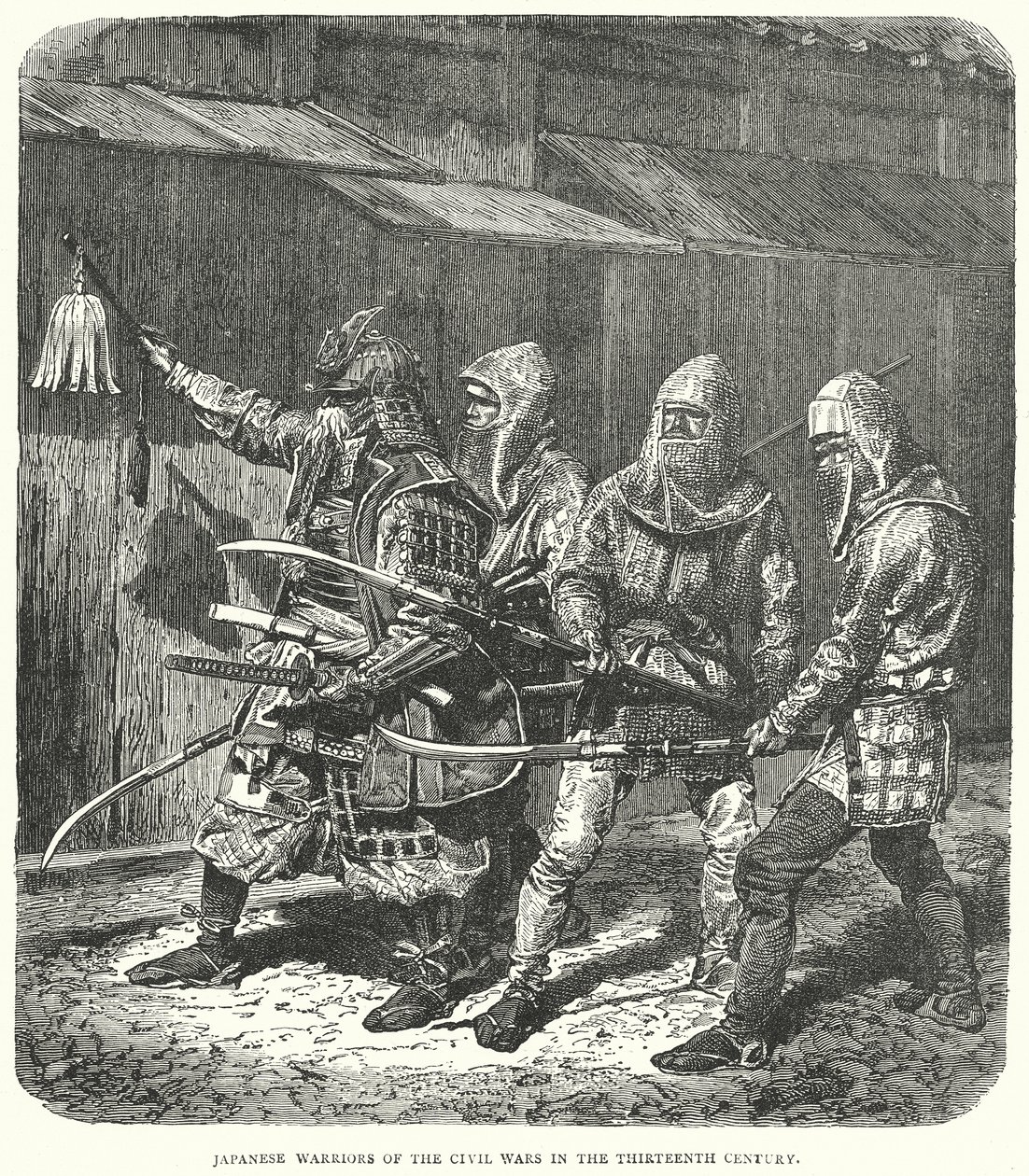 Guerreros japoneses de las guerras civiles del siglo XIII (grabado) de English School