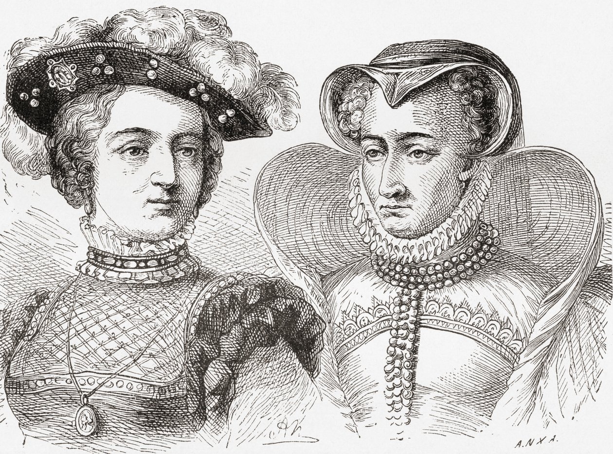 Juana de Albret, a la izquierda, y su madre Margarita de Navarra, a la derecha, de la Historia Ilustrada del Mundo de Ward y Lock, pub. c.1882 de English School
