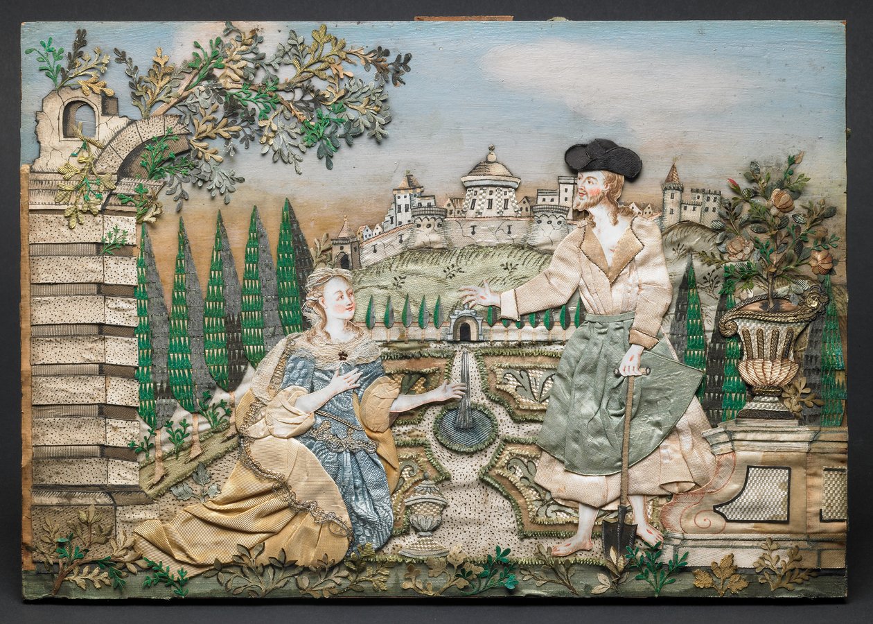 Jesús se aparece a María Magdalena (seda, papel, hilo, lentejuelas, adornos metálicos, tinta y acuarela sobre madera) de English School