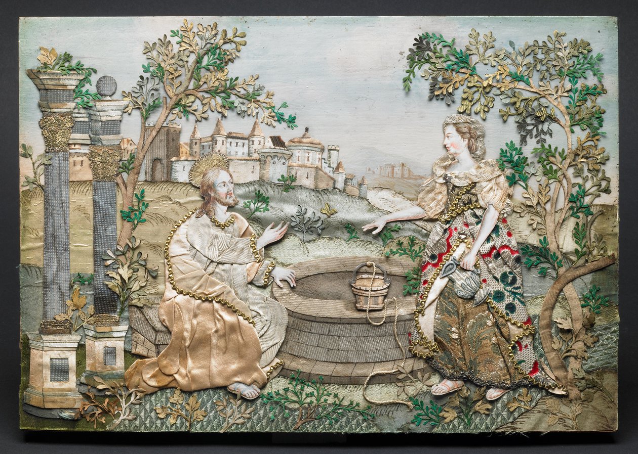 Jesús con la mujer de Samaria (seda, papel, hilo, lentejuelas, adornos metálicos, tinta y acuarela sobre madera) de English School