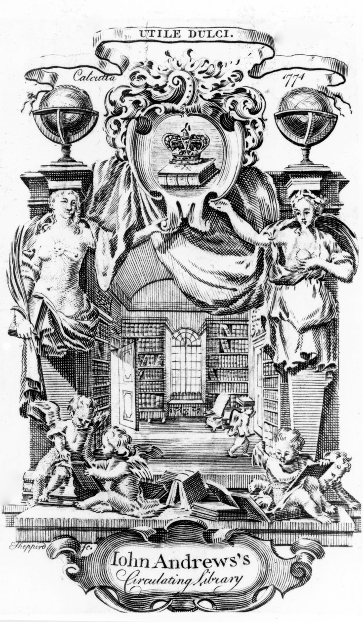 Ex libris de la Biblioteca Circulante de John Andrews por Joseph Shepperd, publicado en Calcuta, 1774 de English School