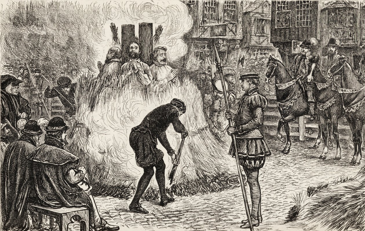 John Bland, John Frankesh, Nicholas Sheterden y Humphrey Middleton quemados vivos por herejía en el siglo XVI, c.1865 (grabado en madera) de English School
