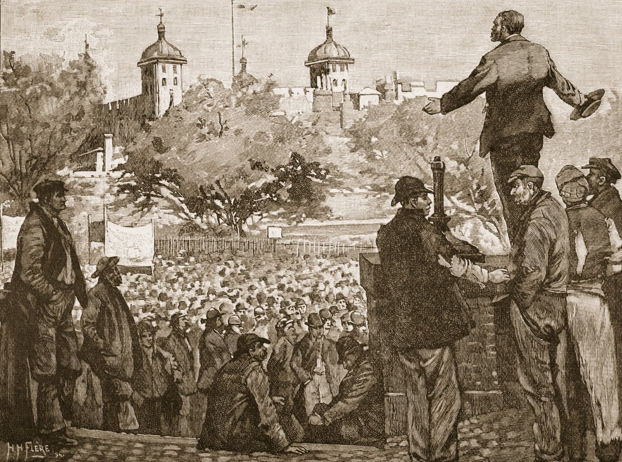 John Burns dirigiéndose a una reunión de estibadores en Tower Hill, 1889, ilustración de la Historia Ilustrada de Inglaterra de Cassell de English School