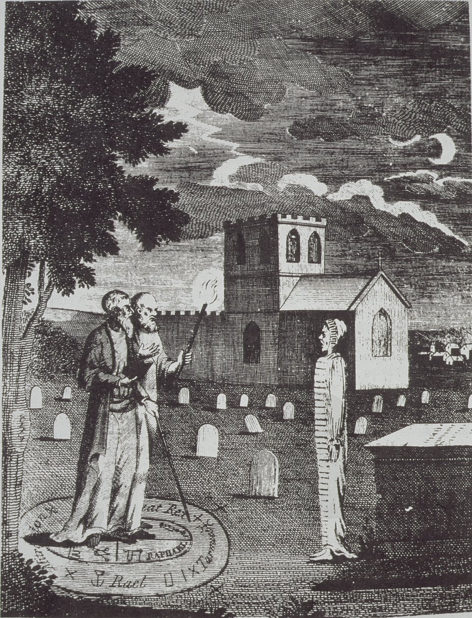John Dee y Edward Kelly invocando a los muertos, de una Historia de la Magia, publicado a finales del siglo XIX de English School