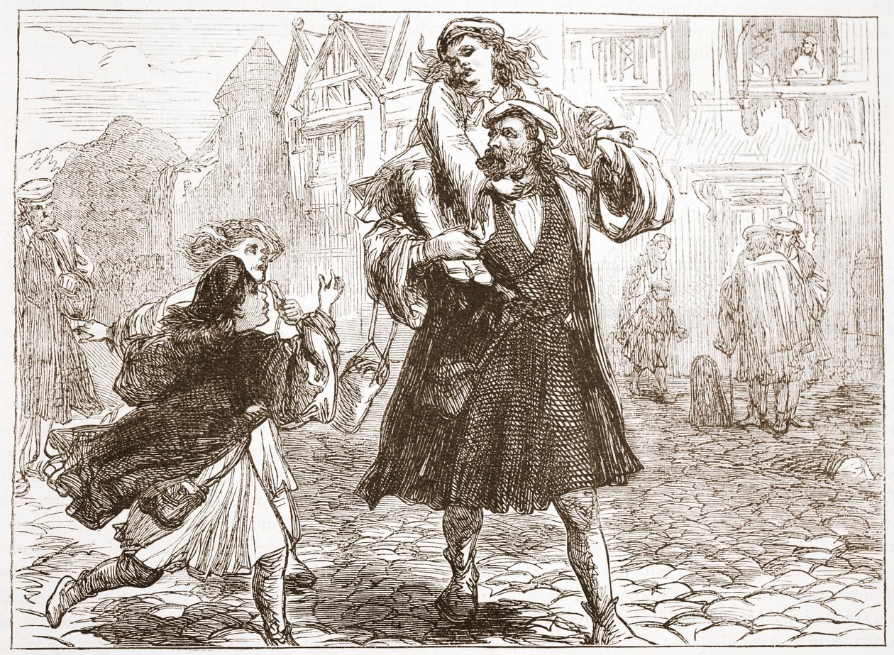 John Luther llevando a su hijo a la escuela, ilustración de La Historia del Protestantismo por James Aitken Wylie (1808-1890), pub. 1878 de English School