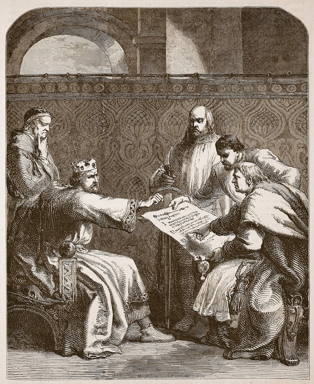 Juan negándose a firmar los artículos de los Barones, ilustración de Cassells Illustrated History of England de English School