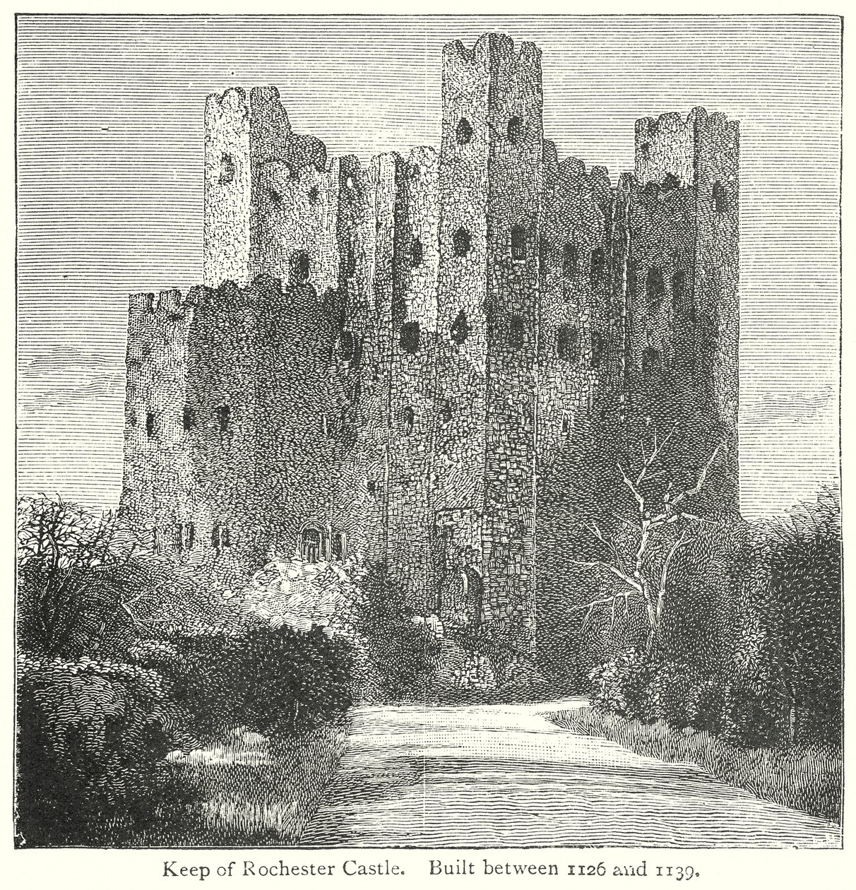 Torre del homenaje del castillo de Rochester. Construido entre 1126 y 1139 (grabado) de English School