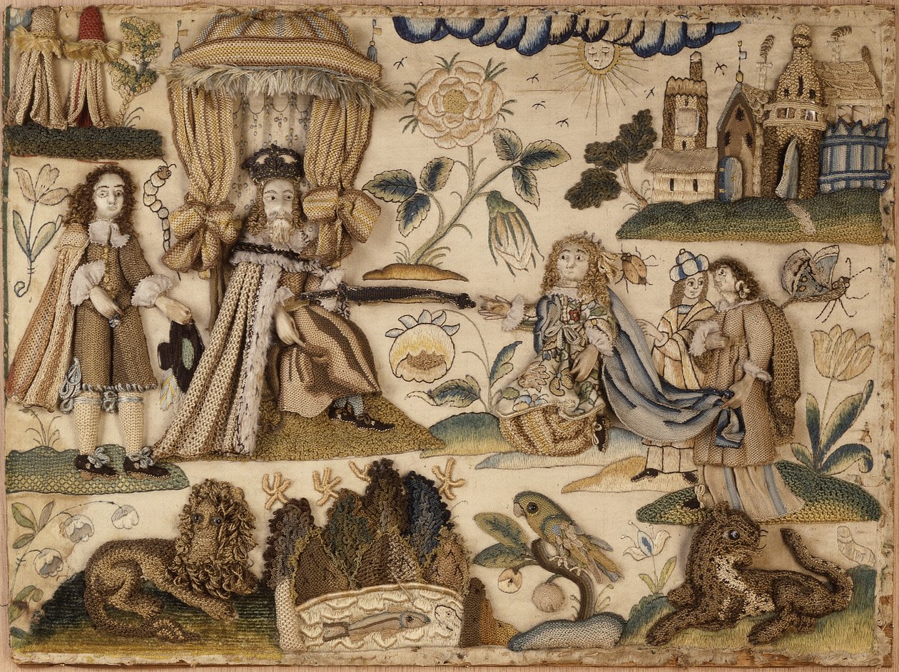 El rey Asuero y la reina Ester, c.1660 (seda, hilos metálicos e isinglass) de English School
