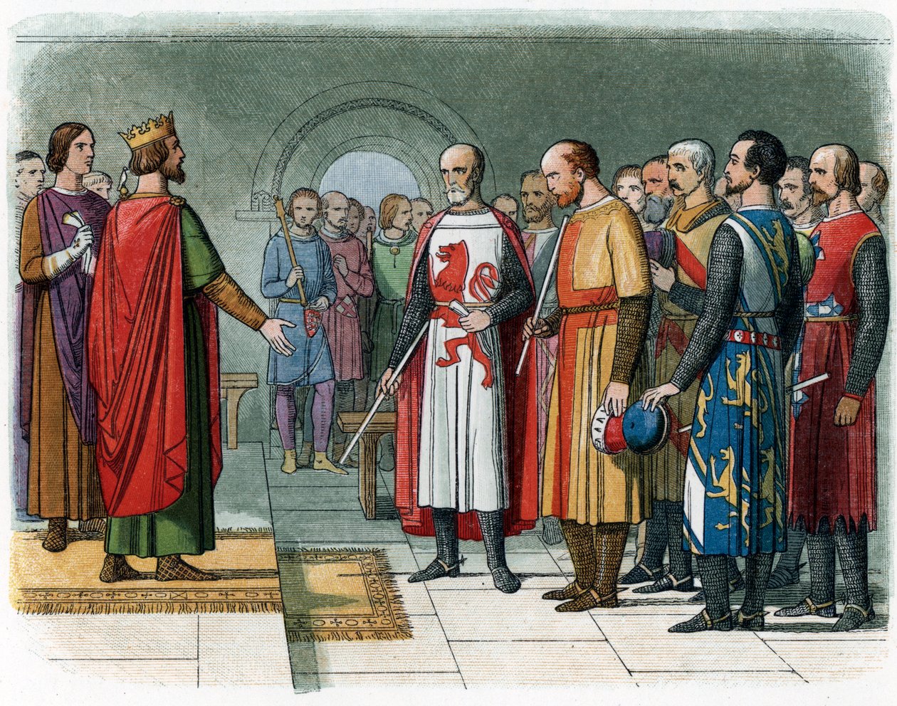 El rey Enrique III de Inglaterra frente a la Comisión de Barones dirigida por Simón V de Montfort, ilustración de "A Chronicle of England" de James Doyle. de English School