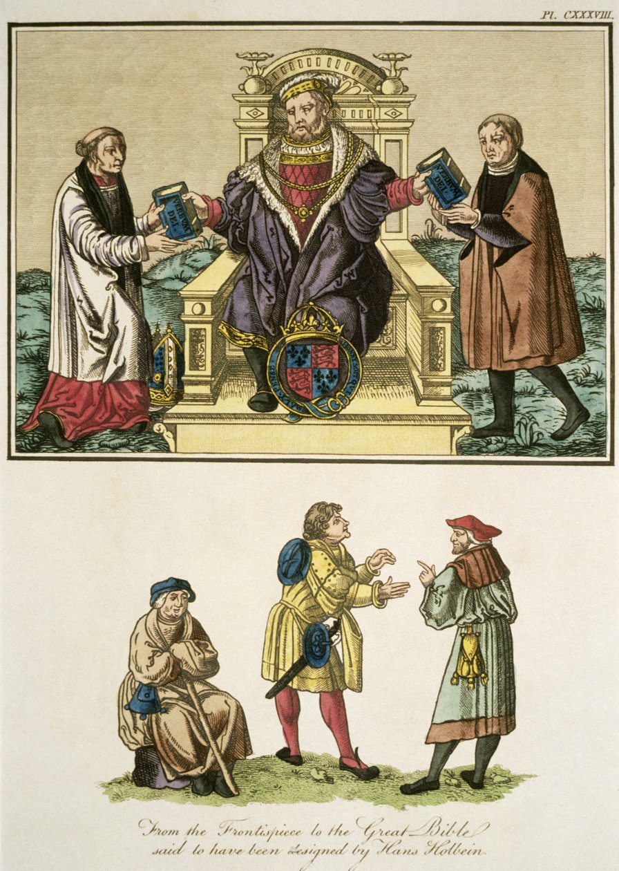 Rey Enrique VIII (1491-1547) del frontispicio de la Gran Biblia, se dice que fue diseñado por Hans Holbein (1497-1543), ilustración de The Complete View of the Dress and Habits of the People of England de English School