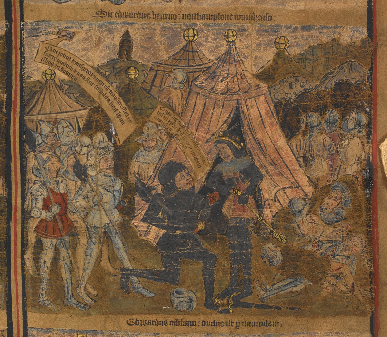 El rey Enrique VI fue tomado cautivo después de la batalla de Northampton en 1460 por Eduardo de York (luego Rey Eduardo IV) y los Condes de Warwick y Salisbury, ilustración de 