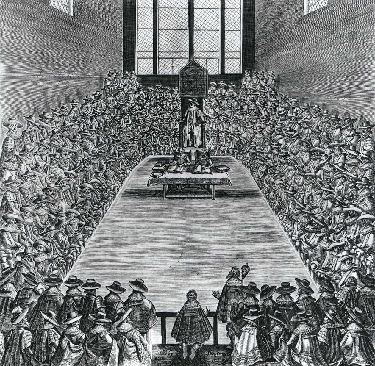 Rey Jacobo I (1566-1625) en las Casas del Parlamento, 1624 de English School