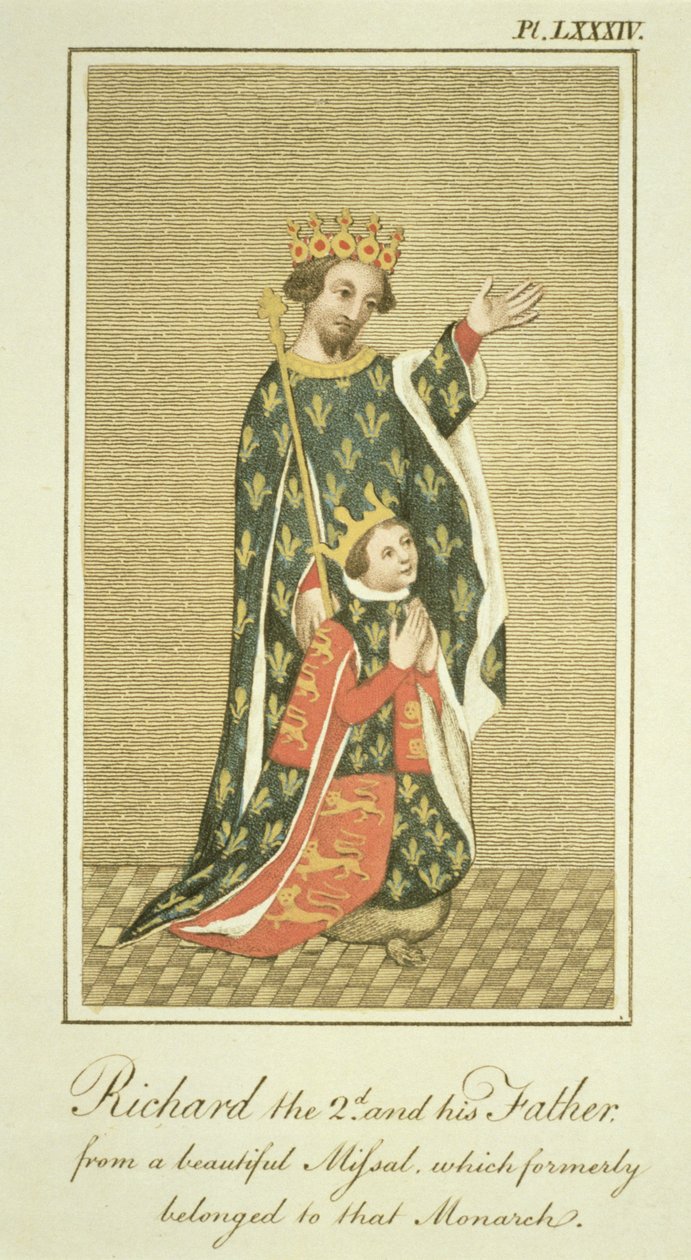 El rey Ricardo II (1367-1400) con su padre Eduardo (1330-76) el Príncipe Negro, ilustración de The Complete View of the Dress and Habits of the People of England Volume II, publicado 1799 de English School