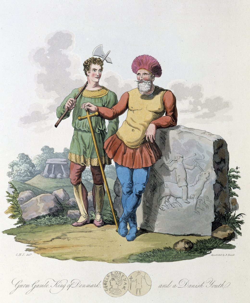 Rey de Dinamarca y joven danés - en "Celtas y Godos, costumbres de los habitantes de las Islas Británicas del siglo VI temprano y de las naciones godas de la costa oeste del Báltico", por S.R. Meyrick y Ch. Smith de English School