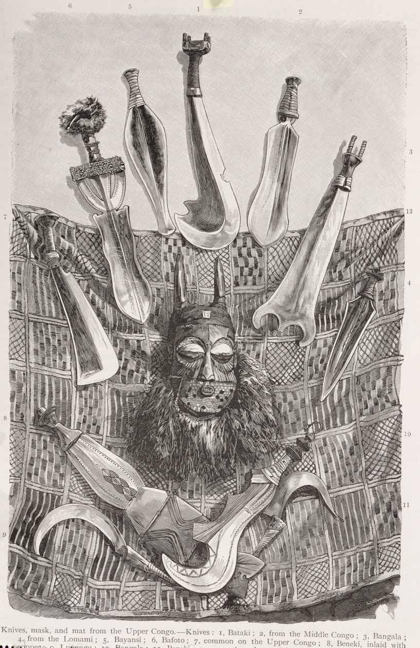 Cuchillos, máscara y estera del Alto Congo, de 