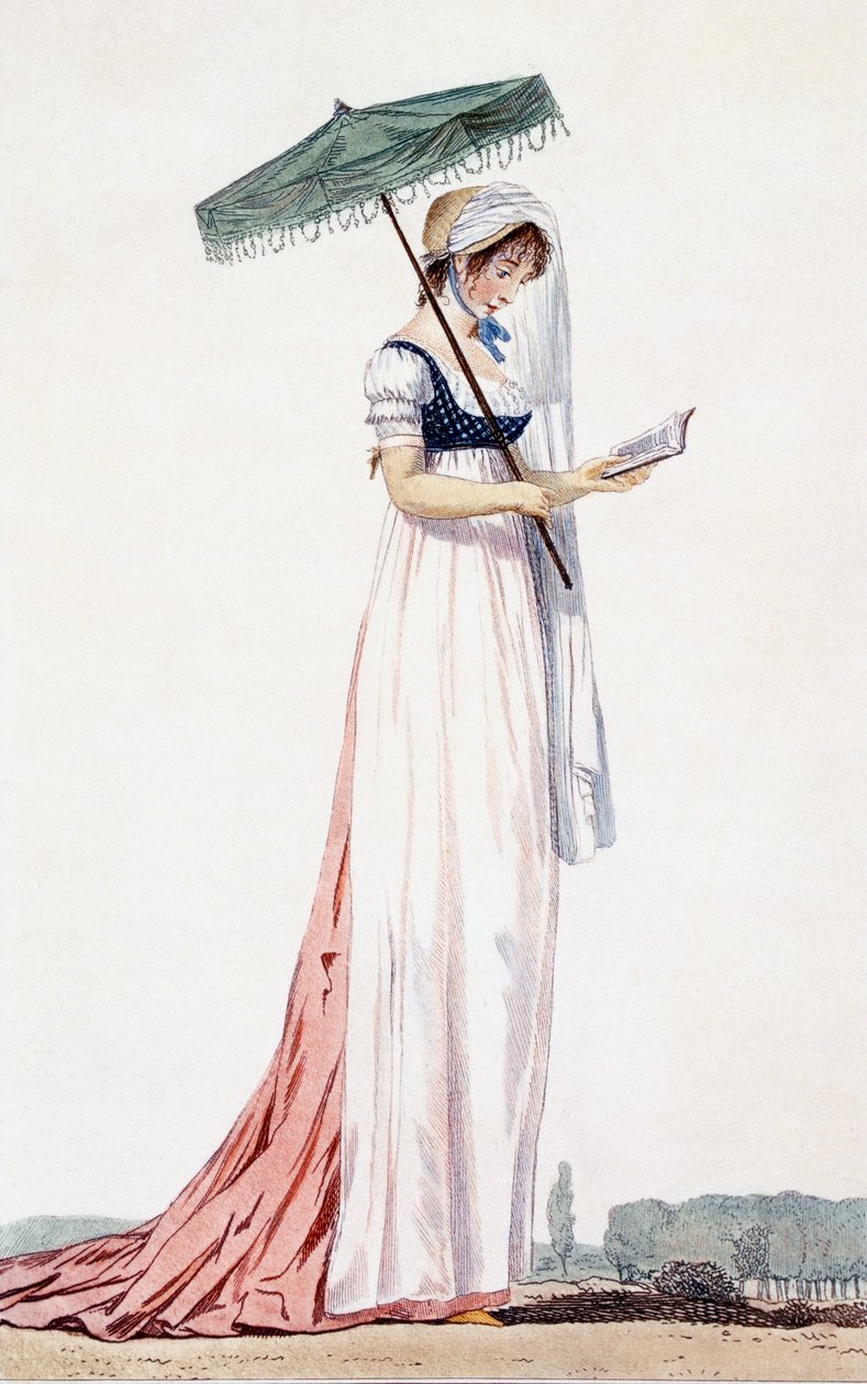 Vestido elegante de verano con parasol, 1770 (grabado en color) de English School