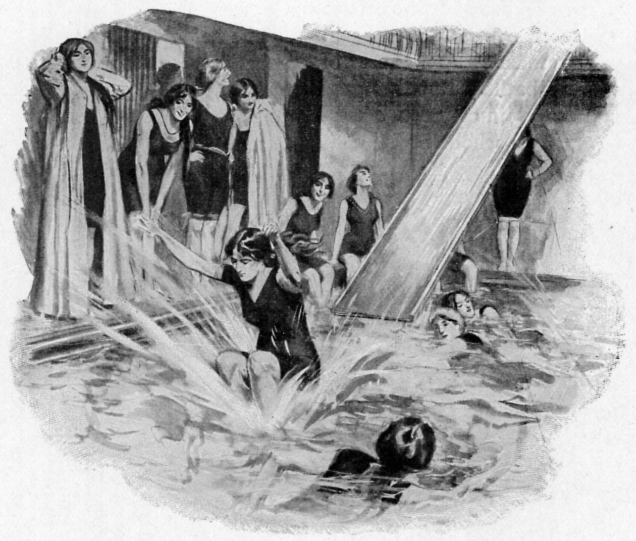 Damas en el paracaídas (Bath Club) (litografía) de English School
