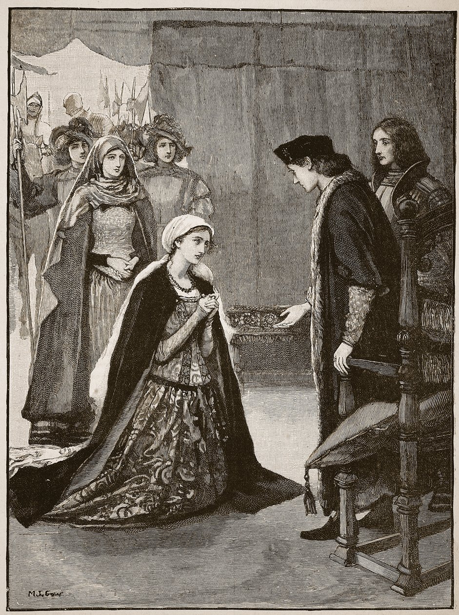 Lady Catherine Gordon ante Enrique VII, ilustración de Cassells Illustrated History of England de English School