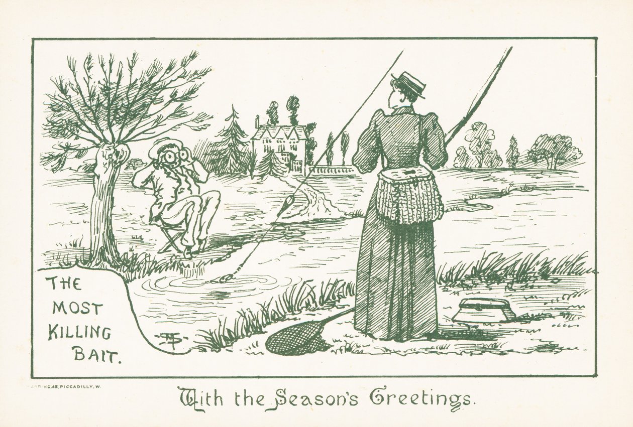 Dama pescando observada por caballero, tarjeta de Navidad (cromolito) de English School