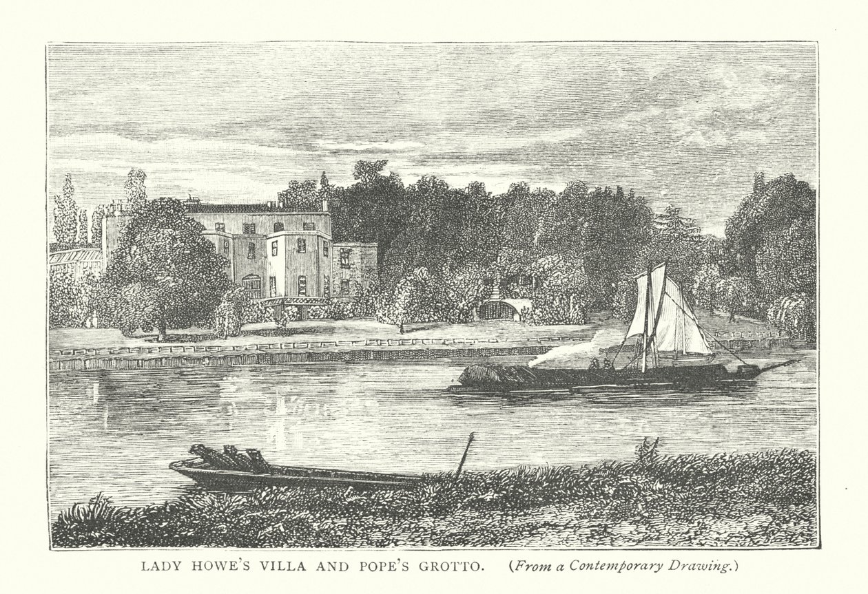 Villa de Lady Howe y Gruta de Pope (grabado) de English School