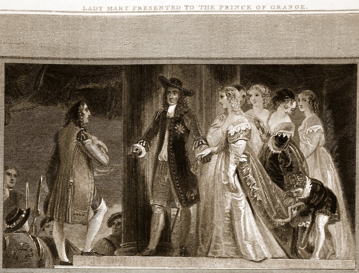 Lady Mary presentada al Príncipe de Orange, ilustración de La Historia de Inglaterra de David Hume, pub. por R. Bowyer, Londres, 1812 de English School