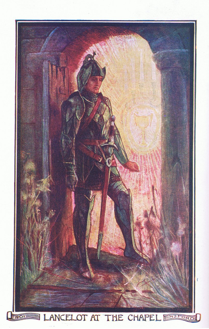 Lancelot en la capilla, ilustración de "The Book of Romance", publicado por Longmans Green and Co. de English School