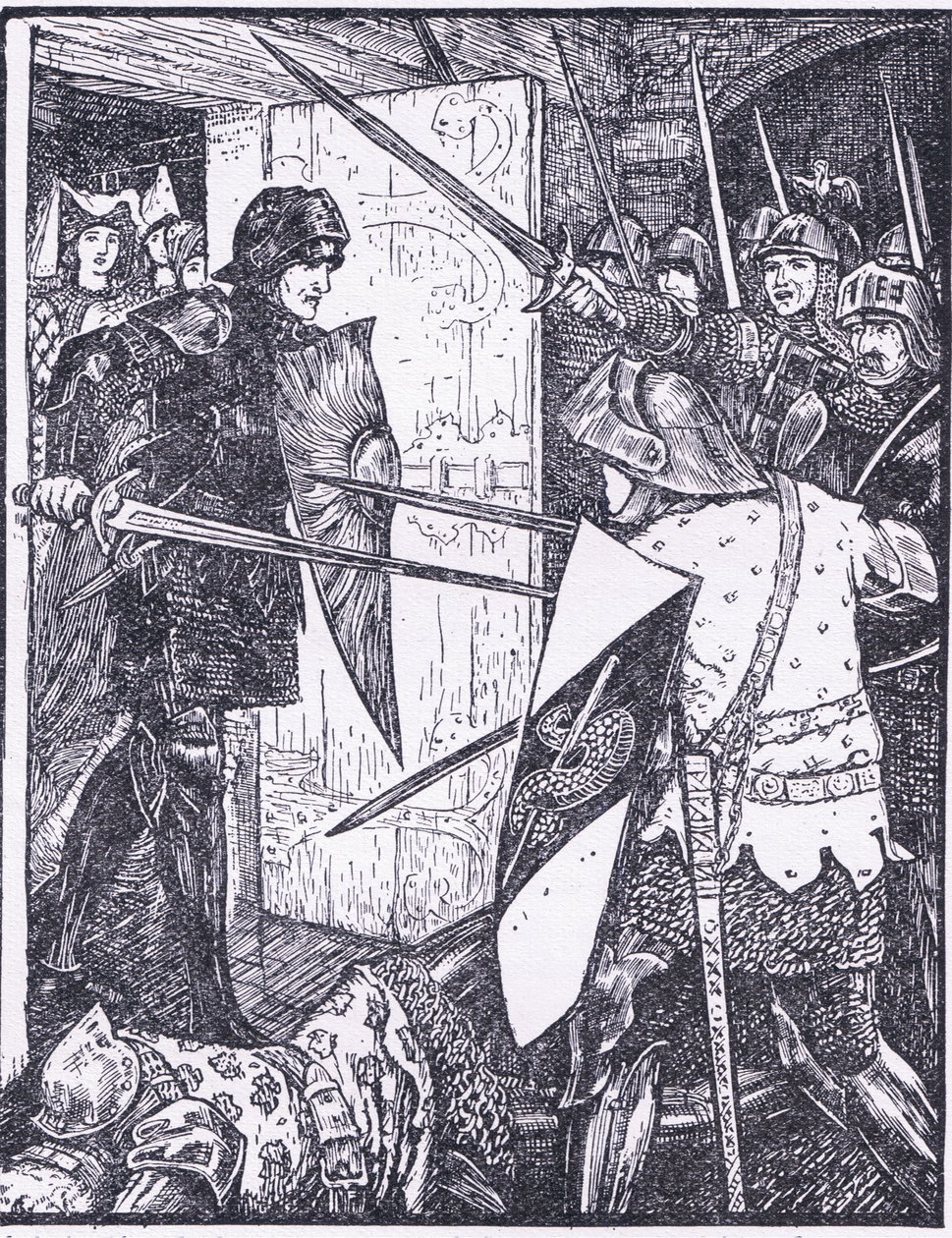 Lancelot sale de la habitación de Guenevere, ilustración de "The Book of Romance" publicado por Longmans Green and Co. de English School